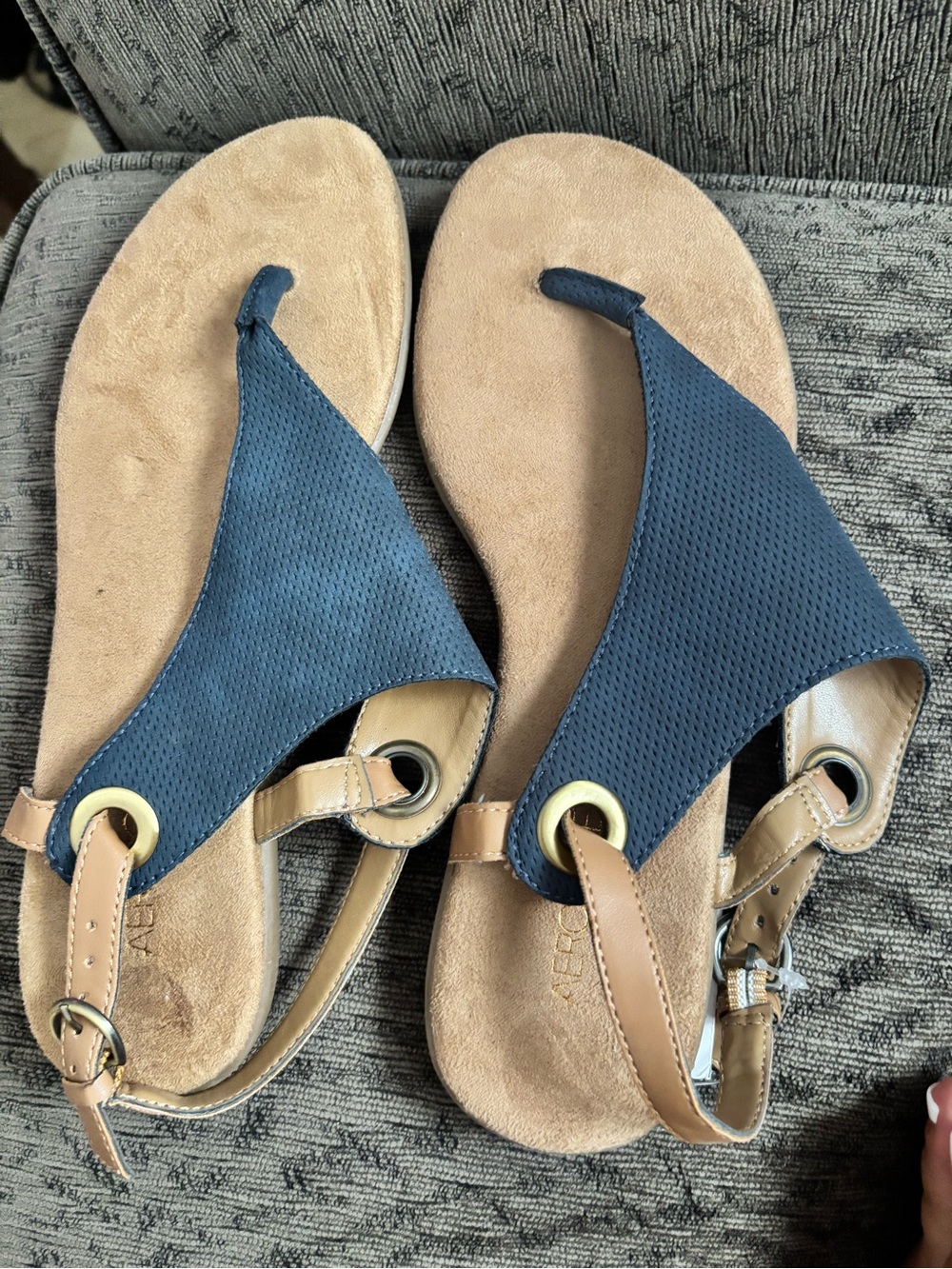 AEROSOLES Navy and Tan Thong Sandals with Buckle Accent